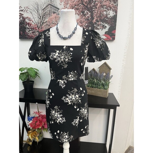 Trixxi Womens Mini Dress Small Floral Square Neck puff sleeve  Zipper Back - Picture 1 of 10